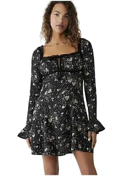Free People Dresses & Skirts - Free People Black Floral Mini Dress Tess Long Sleeve XS NWT